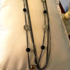 Silver chain necklace with black, silver and clear beads